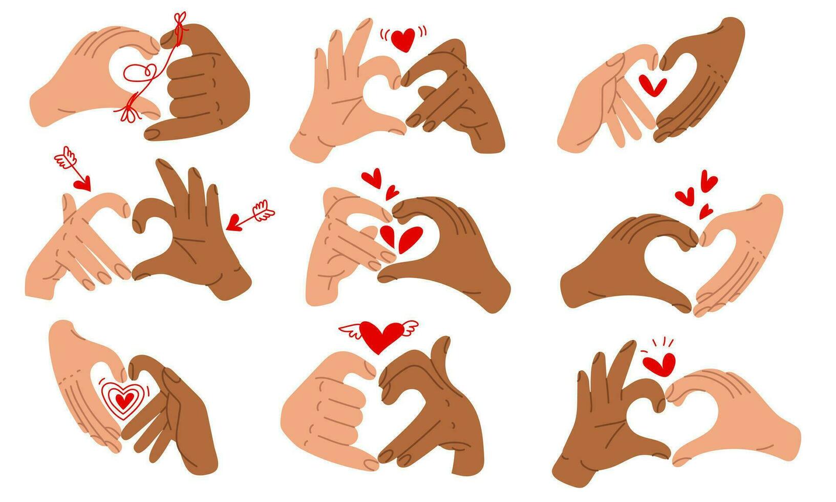 Set of hands with a heart sign, the designation I love you. Valentine's Day images, heart shapes with different hands. There are hearts of dark and light shades connected by hearts, threads, arrows vector