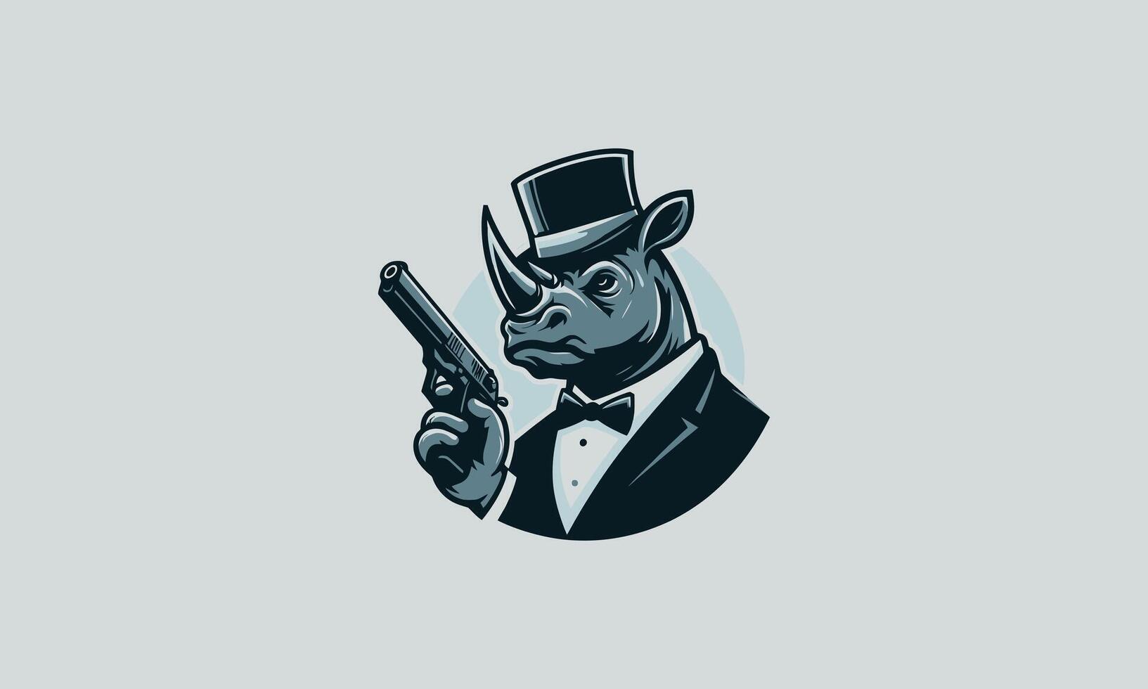 rhino wearing top hat and hold gun vector mascot design