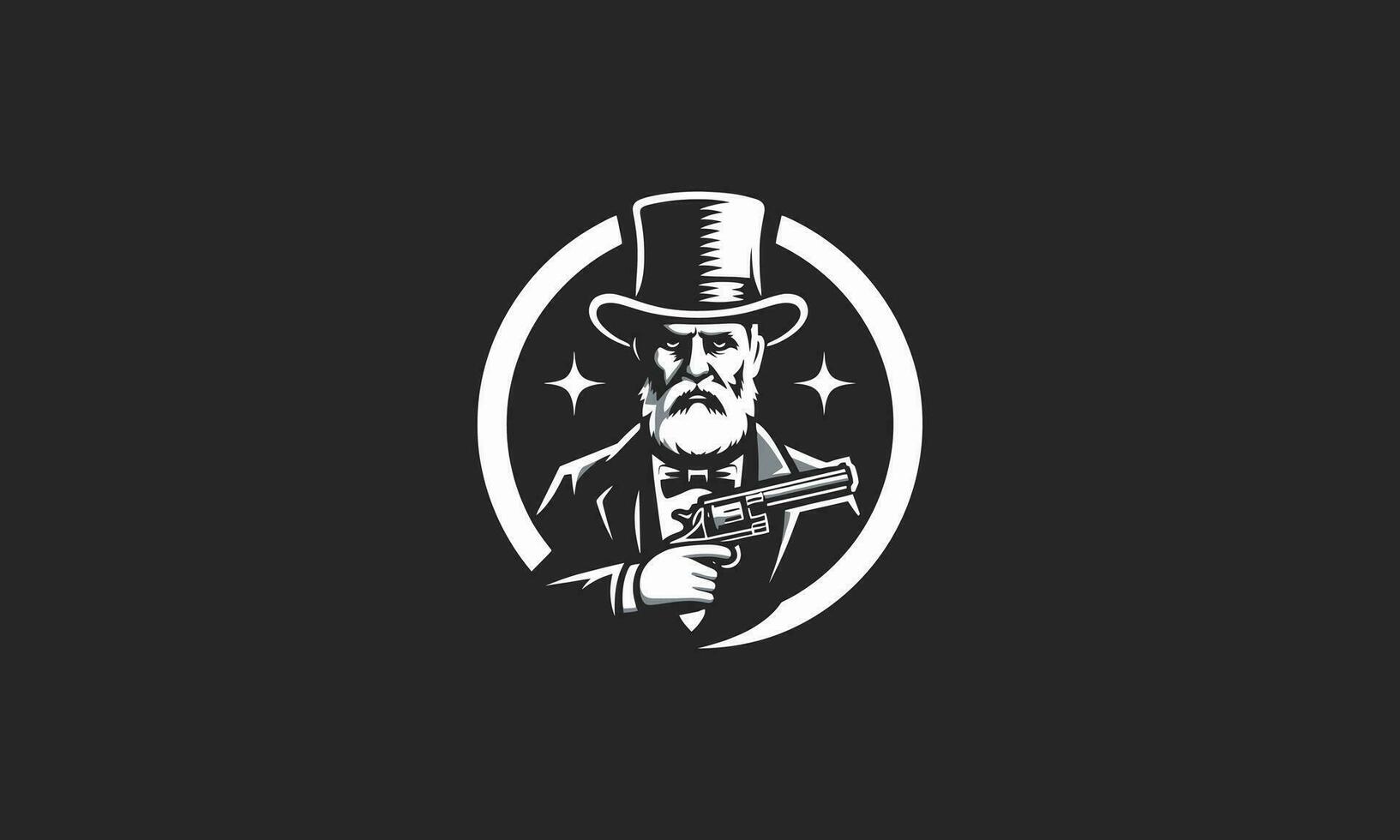 old man wearing top hat and hold gun vector mascot design