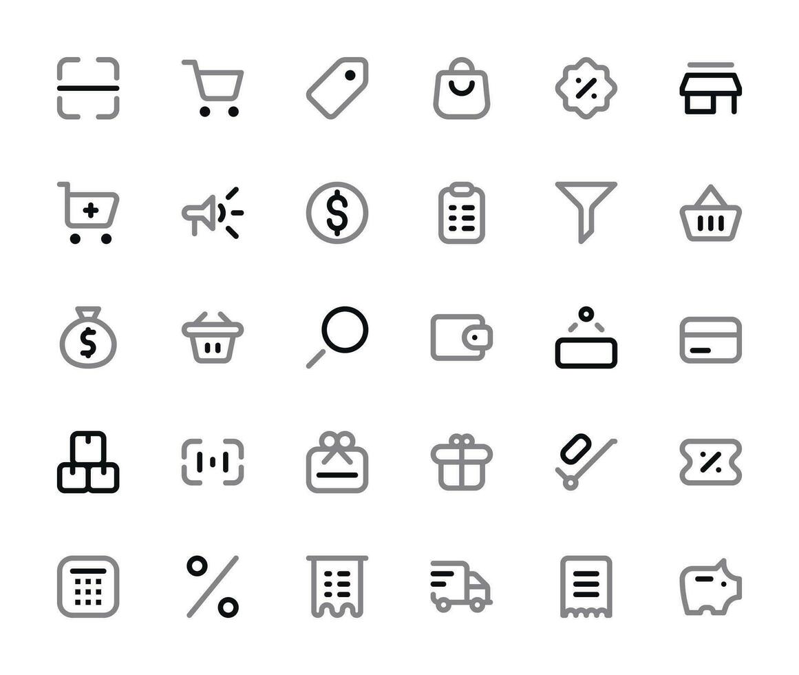 Shopping Icons Set - Duotone Style, Outline Vector Graphics for E-Commerce
