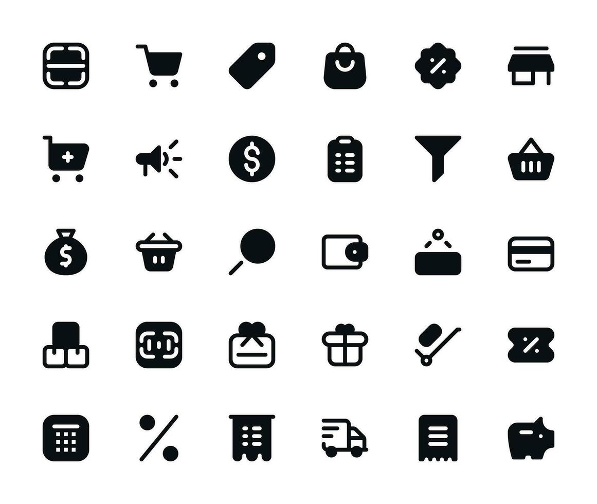 Shopping Icons Set - Solid Fill Style, Retail Vector Graphics for E-Commerce