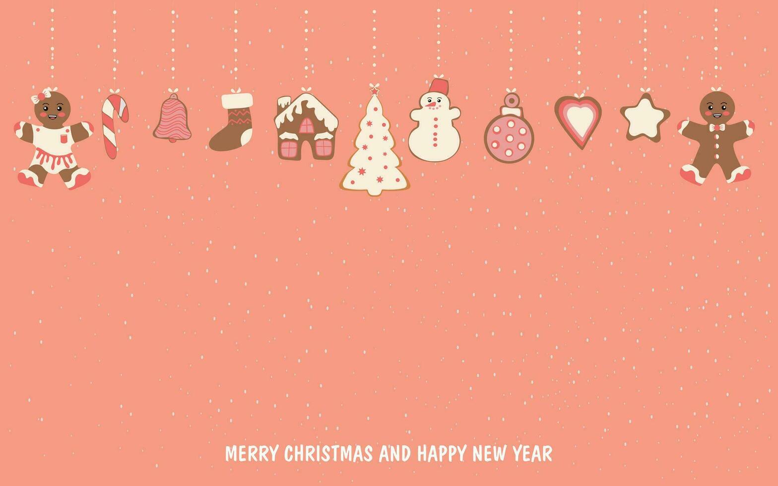 A Merry Christmas card. Gingerbread cookies in the form of a snowman, a Christmas tree and gingerbread men and various Christmas tree toys. Celebrating New Year and Christmas vector