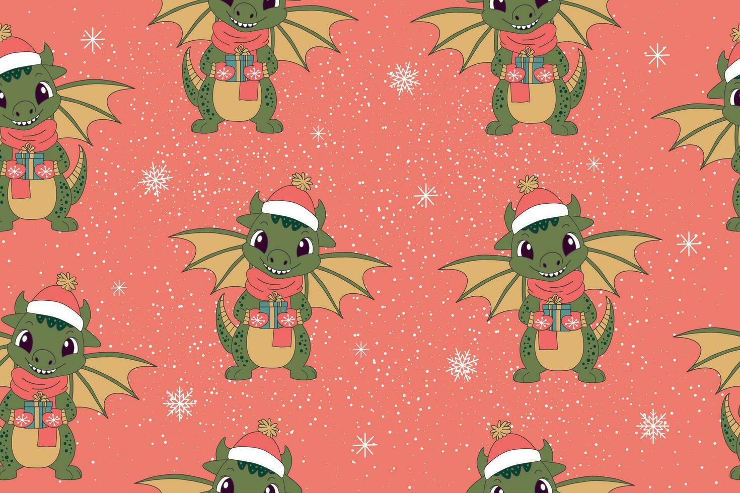 Seamless pattern of cute dragons - a symbol of 2024. Funny green dragon with a gift. Vector illustration. Vector illustration