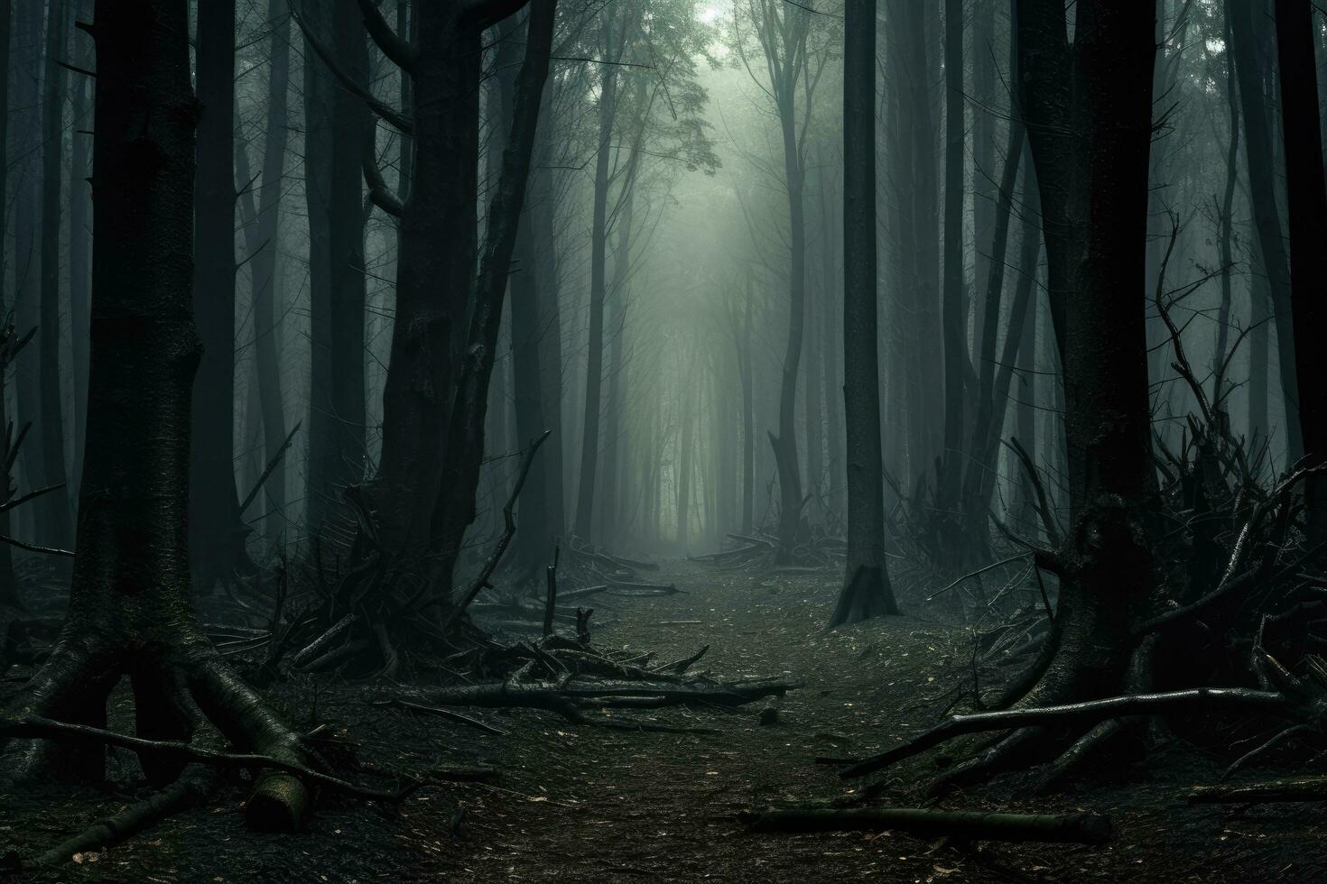 AI generated Mysterious dark forest with fog in the morning. Halloween concept, A dark forest with numerous trees covered in fog, AI Generated photo