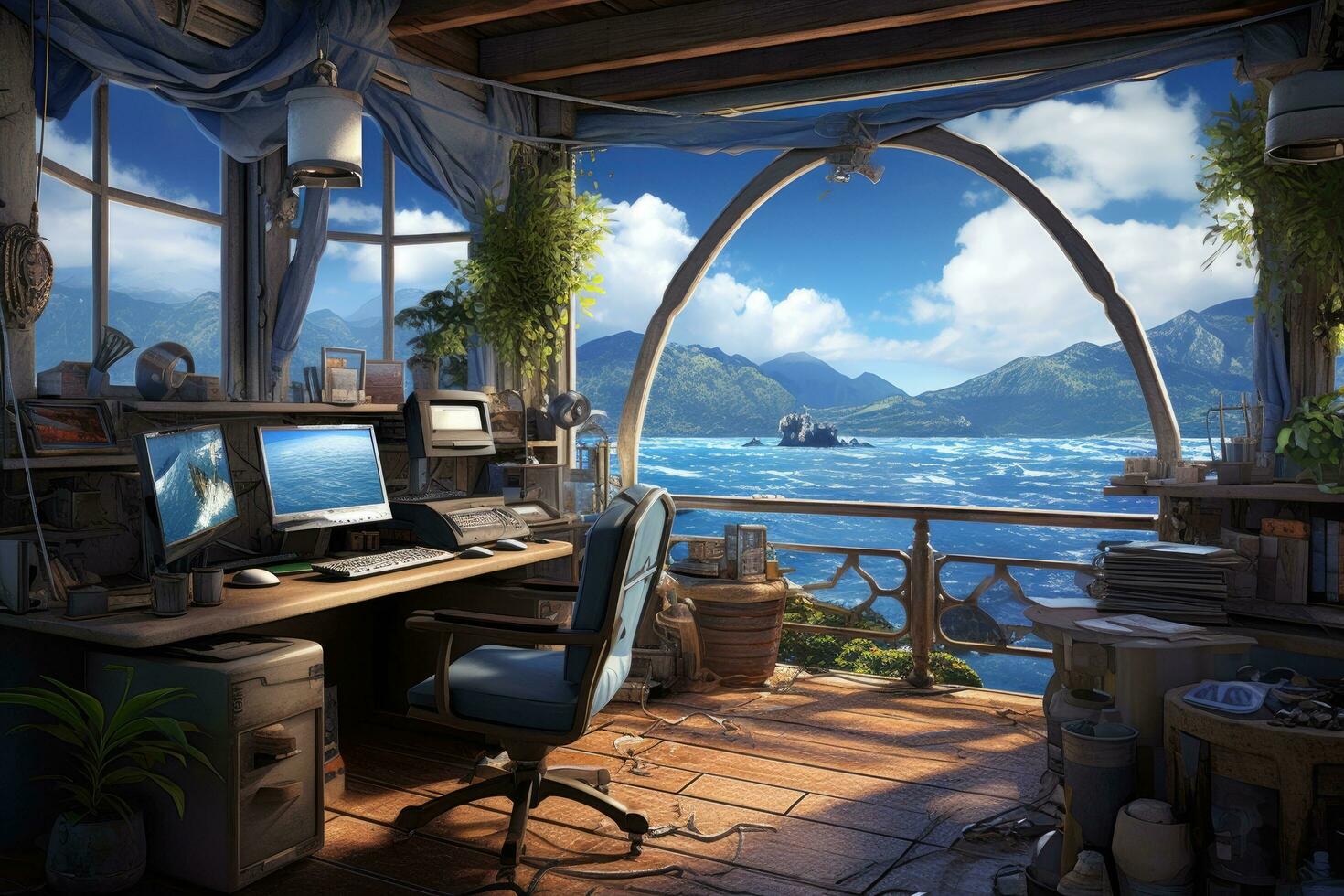 AI generated 3D rendering of a computer room with a view of the sea, A computer room offers a view of the sea, islands, and the sky, AI Generated photo