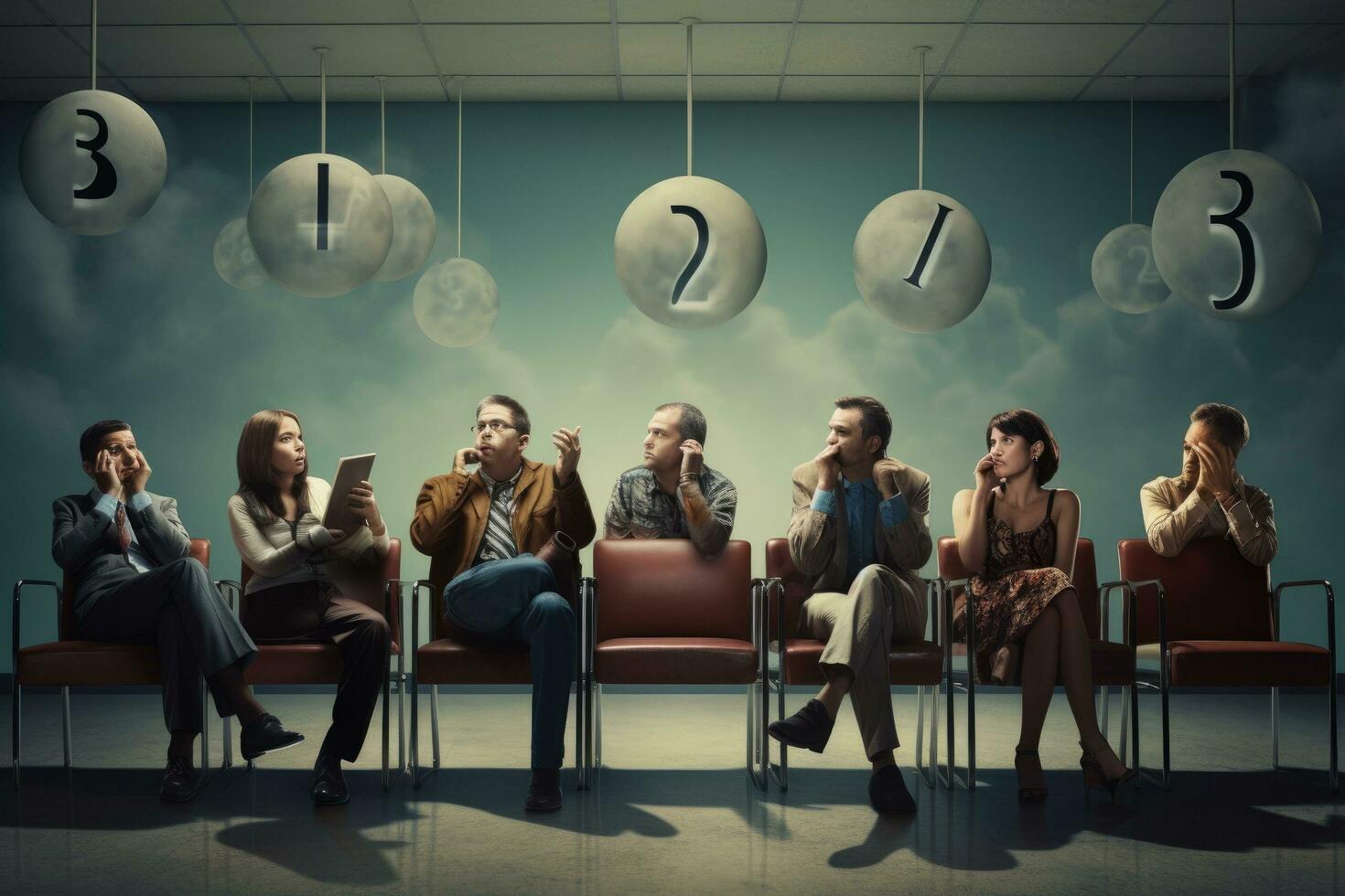 AI generated Group of people waiting for a job interview with question marks above them, A group of people with question marks sits on chairs in a waiting room at the hospital, AI Generated photo