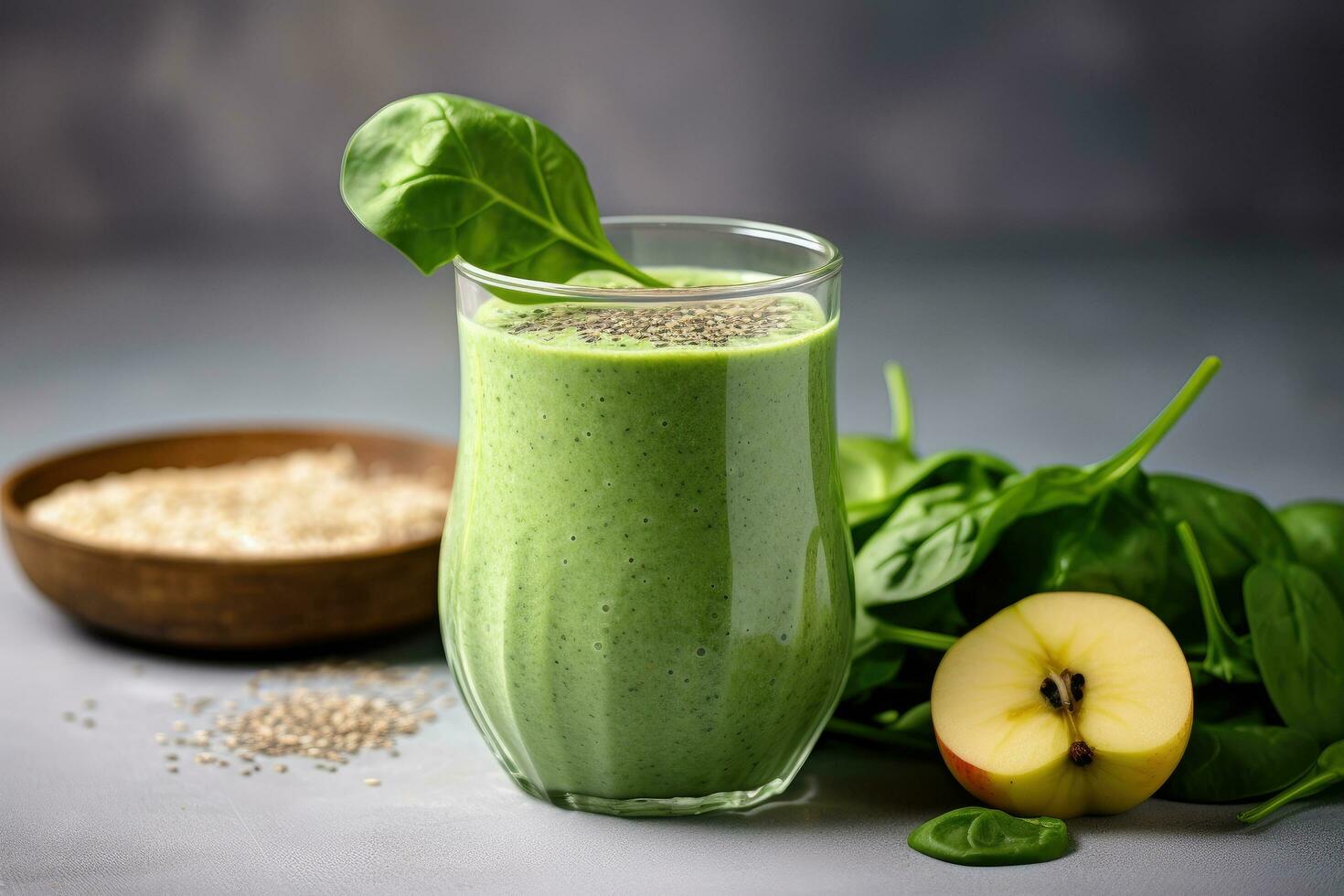 ai generado sano verde zalamero con espinaca, manzana y chia semillas, un sano verde zalamero con chia semillas, espinaca, y manzana es presentado en un ligero fondo, ai generado foto