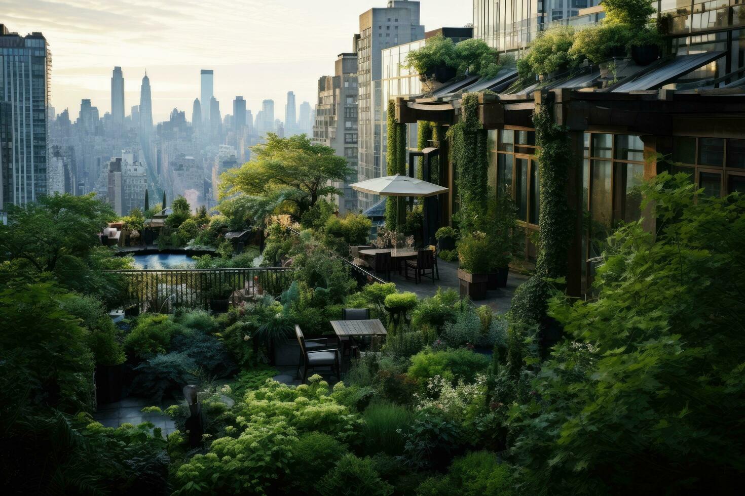 AI generated View of Manhattan from Central Park, A beautiful rooftop garden in the city adorned with lush green plants, AI Generated photo