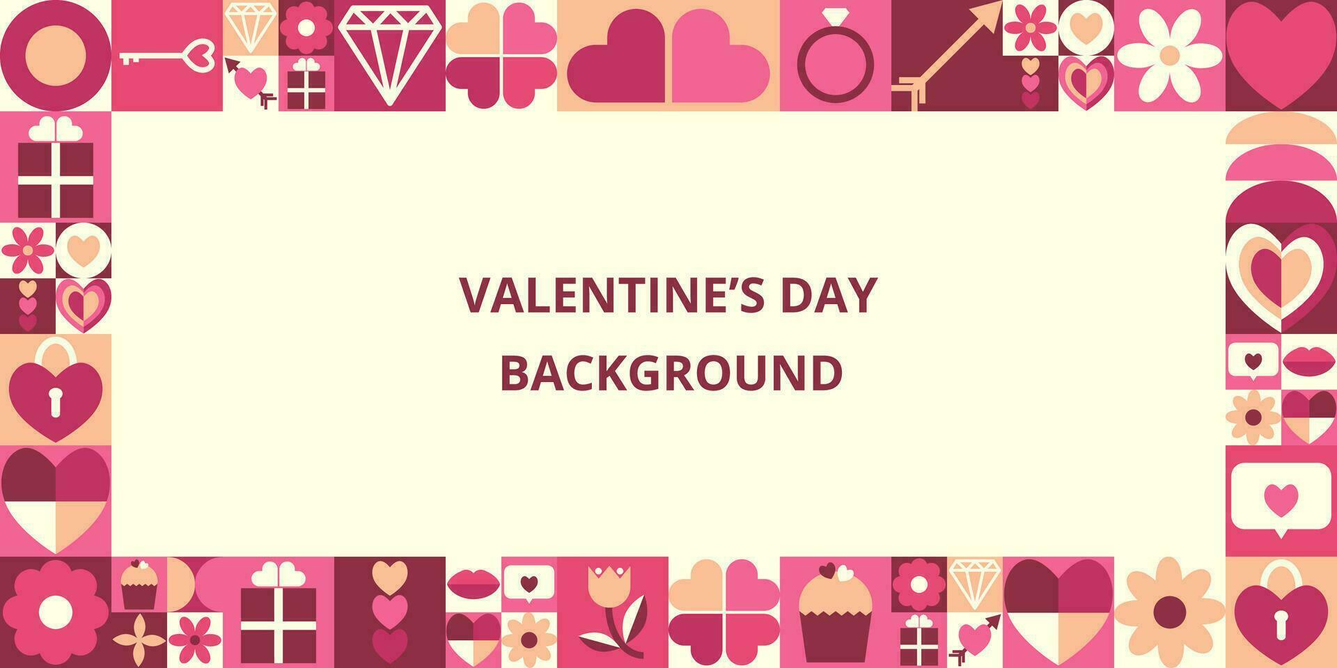 Abstract geometric Valentines day background with place for text. Icons with symbols of love, heart, gift, lips, jewel. Trendy design for banner, background, wallpaper, cover. vector