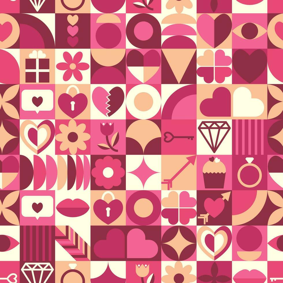 Abstract geometric Valentines day seamless pattern. Icon with symbol of love. Heart, gift, arrow, key, ring, flower, lips, jewel. Trendy design for background, textile, packaging, wrapper, cover. vector