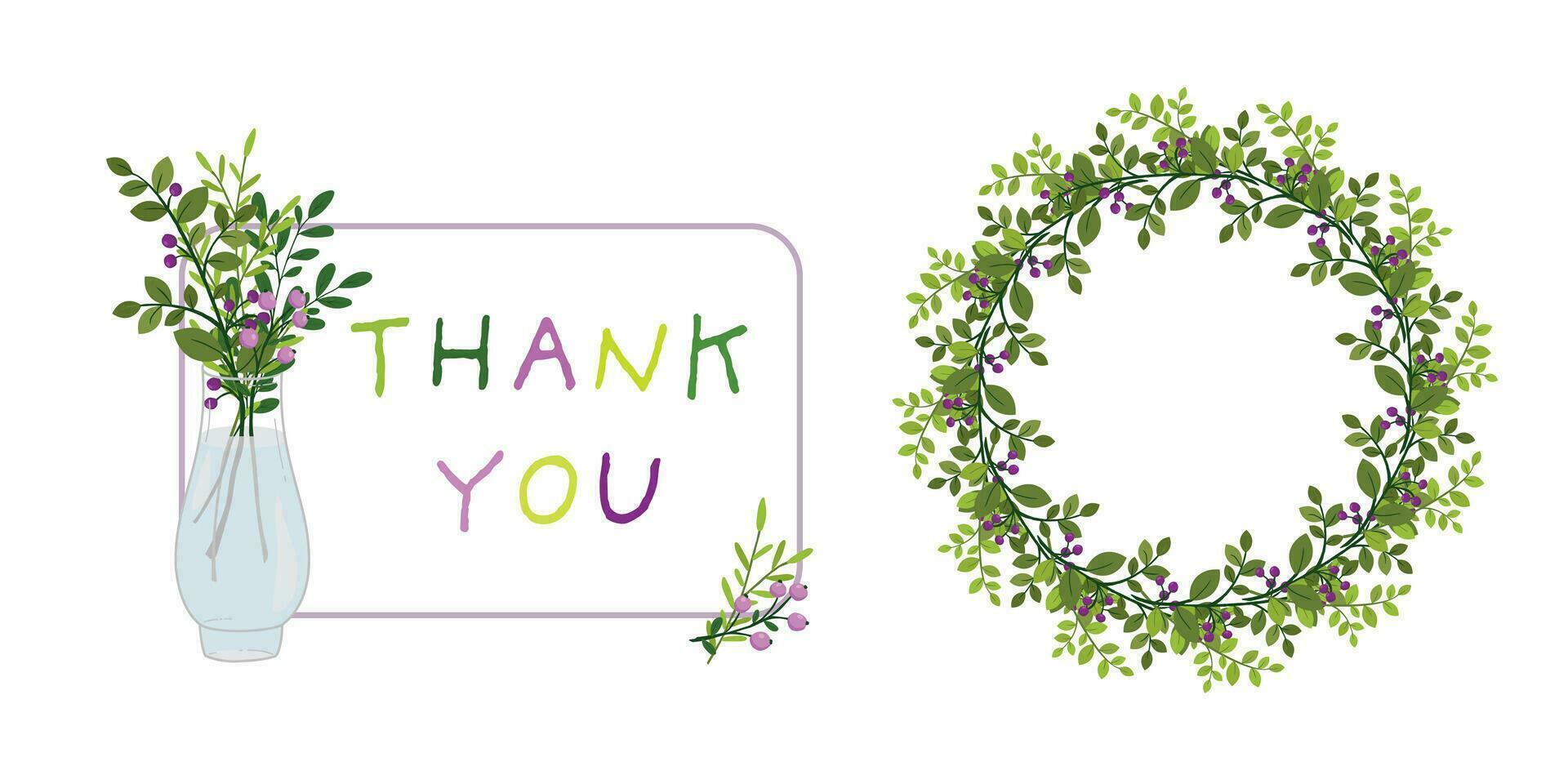 Lettering Thank You, a bouquet of flowers and flower wreath on white background. Vector design of a simple postcard