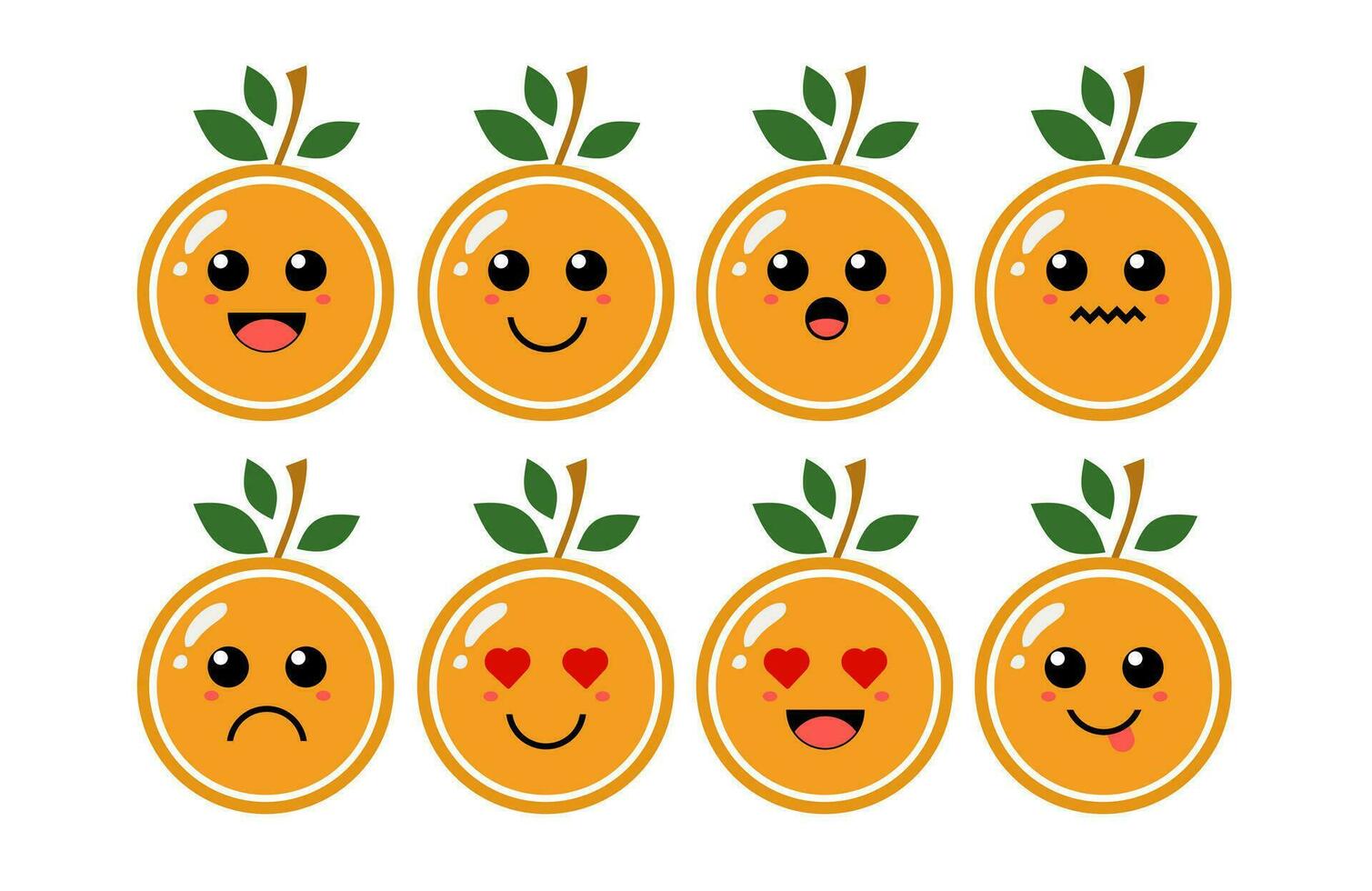 Set of cute cartoon colorful orange fruit with different emotions. Funny emotions character collection for kids. Fantasy characters. Vector illustrations, cartoon flat style