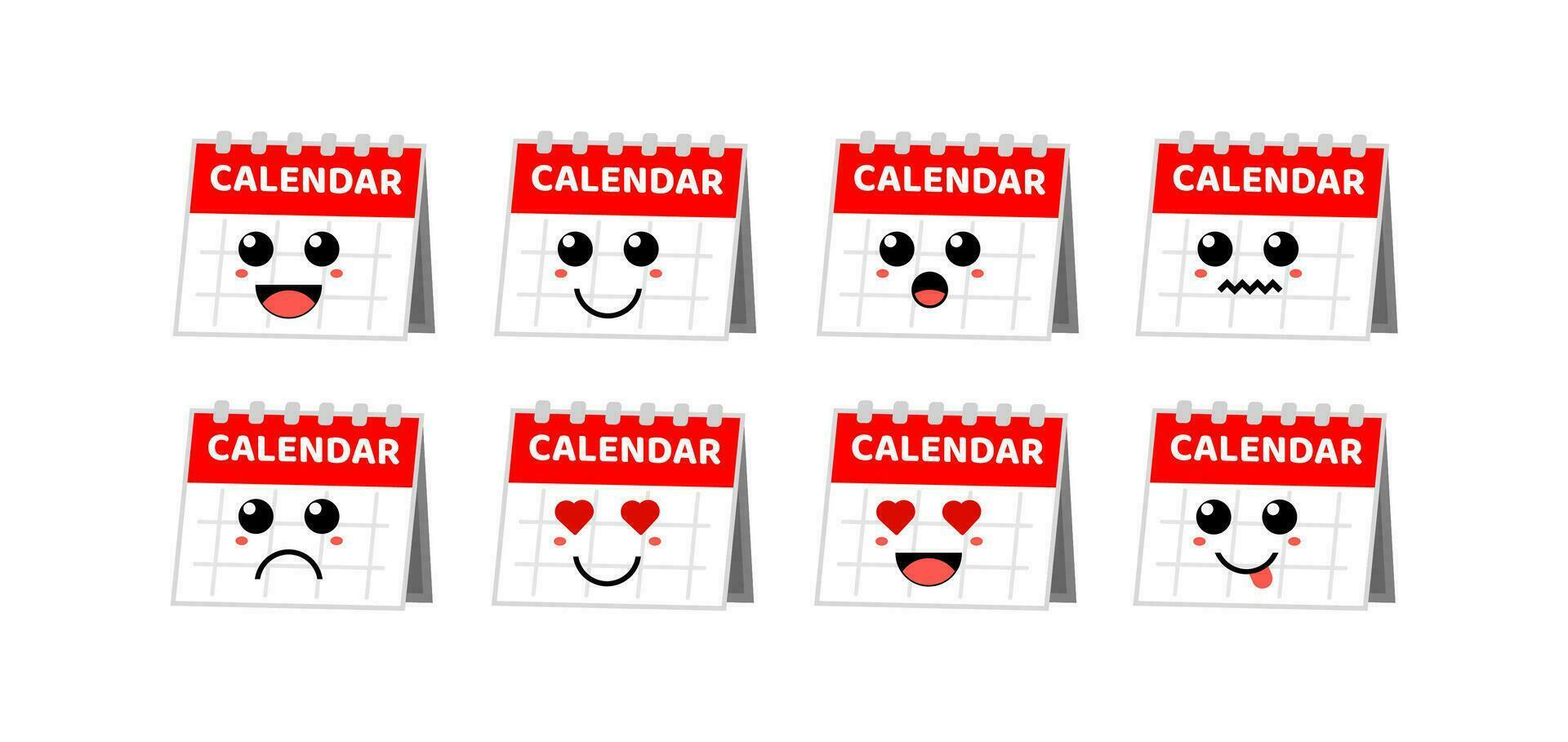 Set of cute cartoon colorful calendar with different emotions. Funny emotions character collection for kids. Fantasy characters. Vector illustrations, cartoon flat style