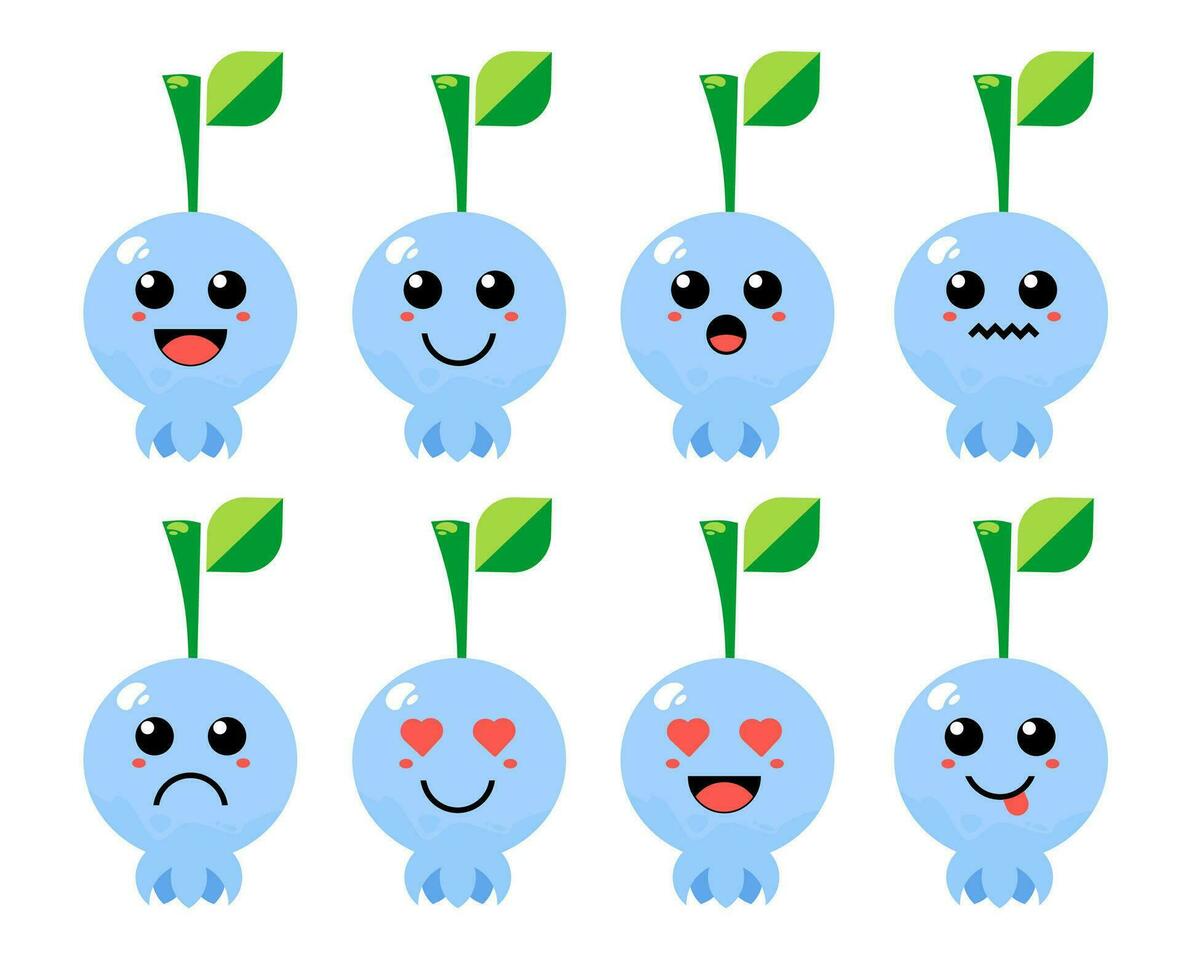 Set of cute cartoon colorful blueberry with different emotions. Funny emotions character collection for kids. Fantasy characters. Vector illustrations, cartoon flat style