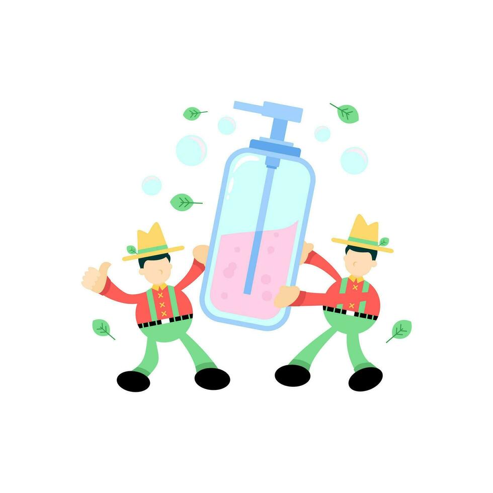 farmer and soap sanitizer hygene cartoon flat design illustration vector