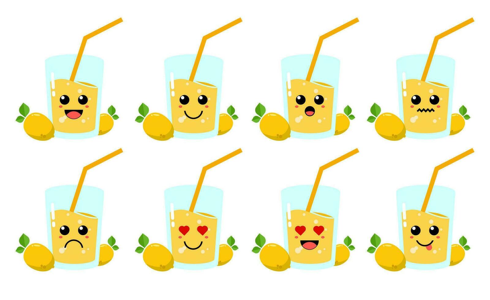 Set of cute cartoon colorful lemon juice with different emotions. Funny emotions character collection for kids. Fantasy characters. Vector illustrations, cartoon flat style