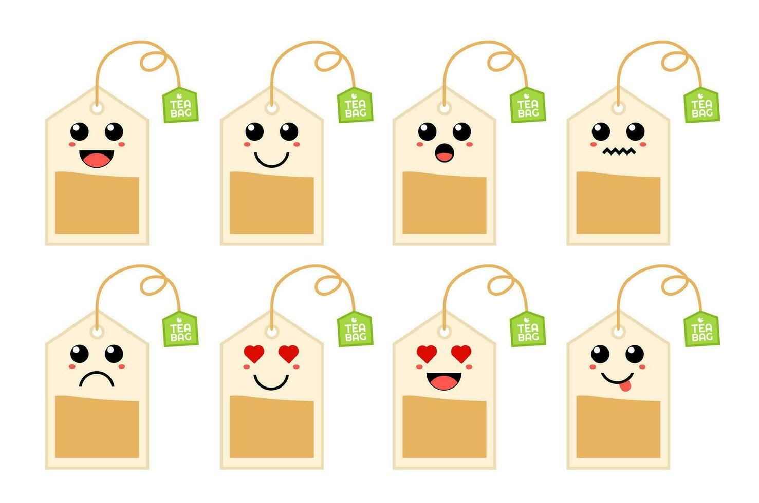 Set of cute cartoon colorful tea bag with different emotions. Funny emotions character collection for kids. Fantasy characters. Vector illustrations, cartoon flat style.