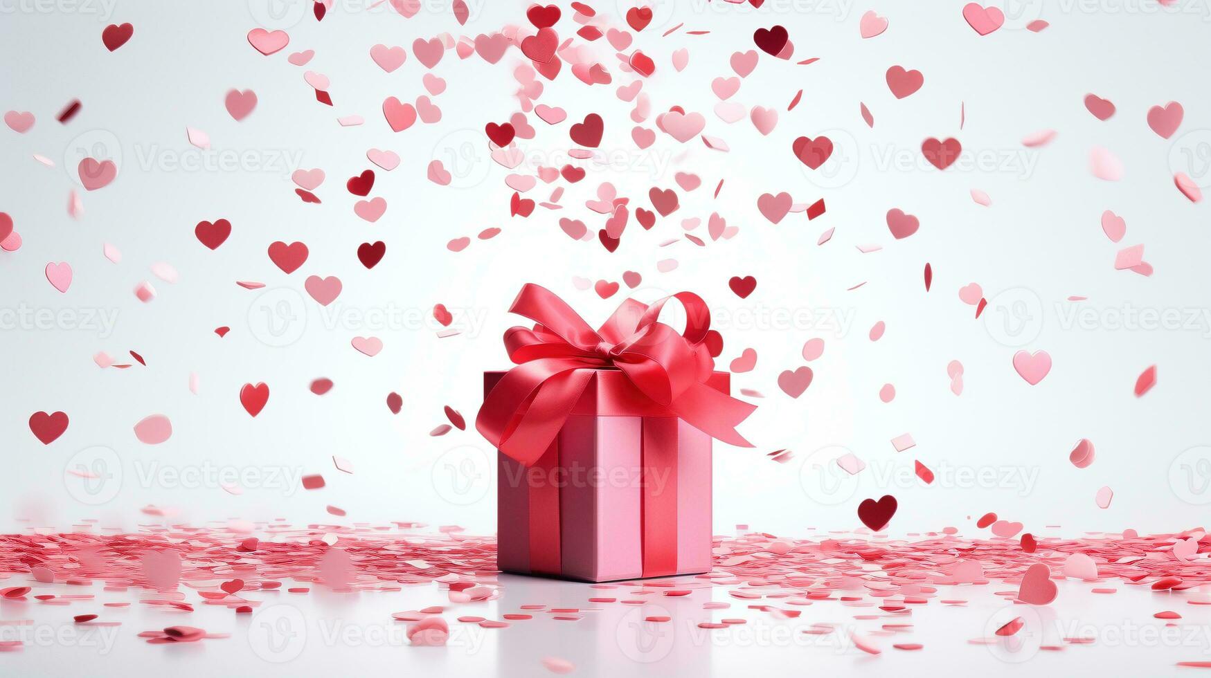 AI generated Heart shaped confetti falling on giftboxes ai generated background image photo
