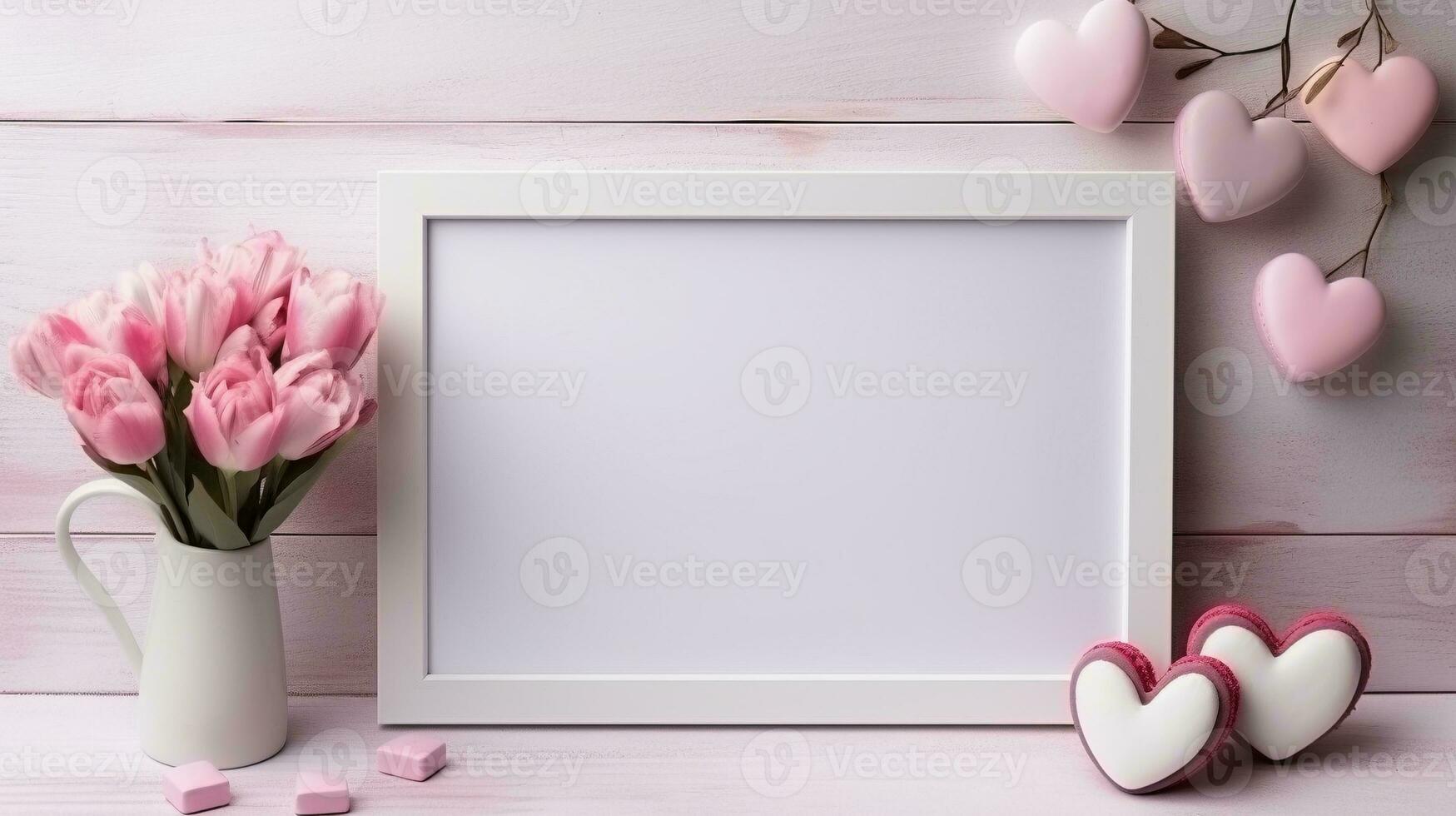 AI generated Pink tulips vase hearts ai generated frame mock up photo