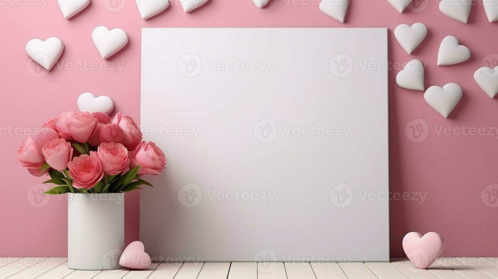 AI generated Pink roses bouquet cute hearts ai generated frame mock up photo