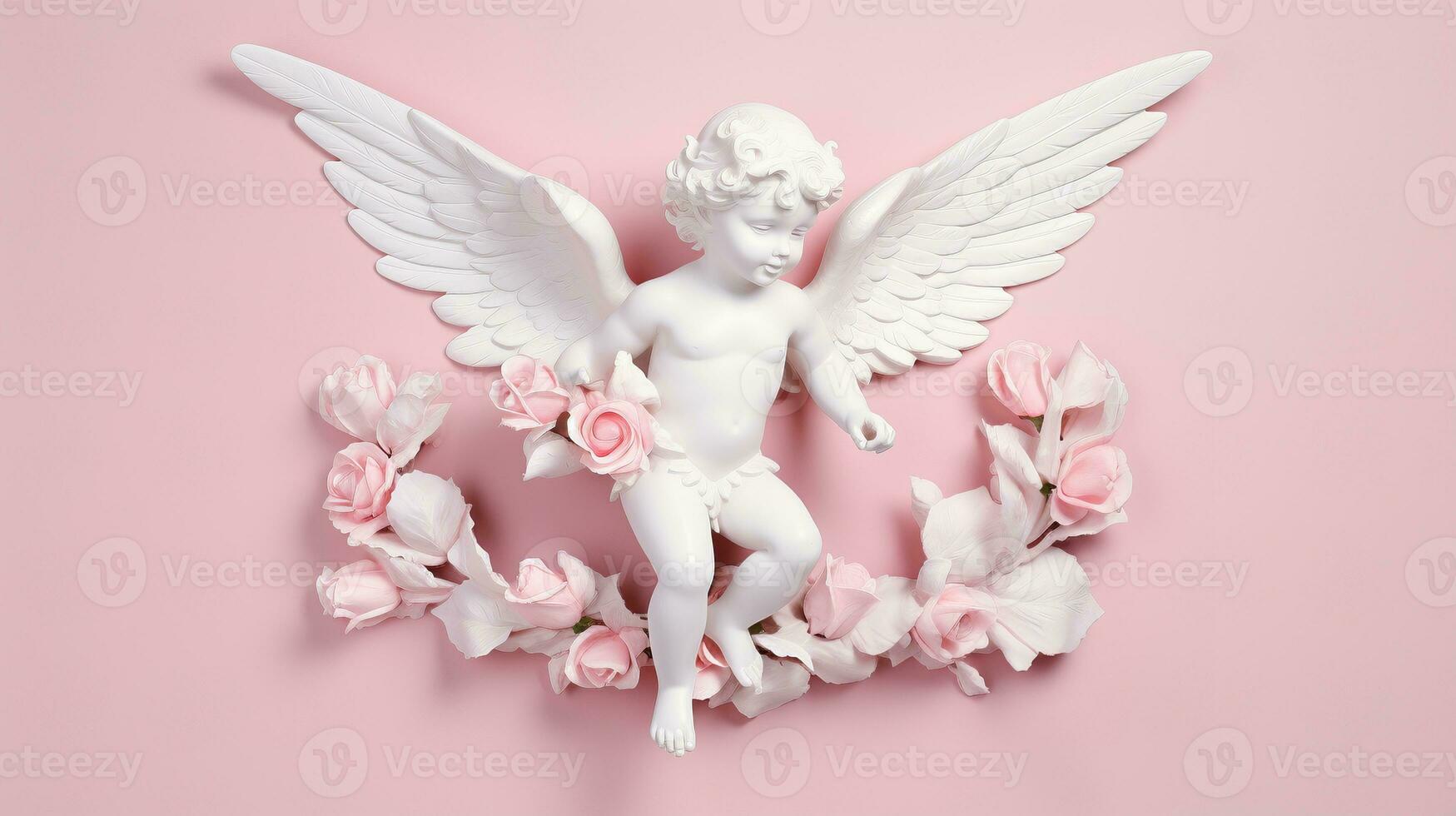 AI generated Baby cherub marble statue in pink roses ai generated background image photo