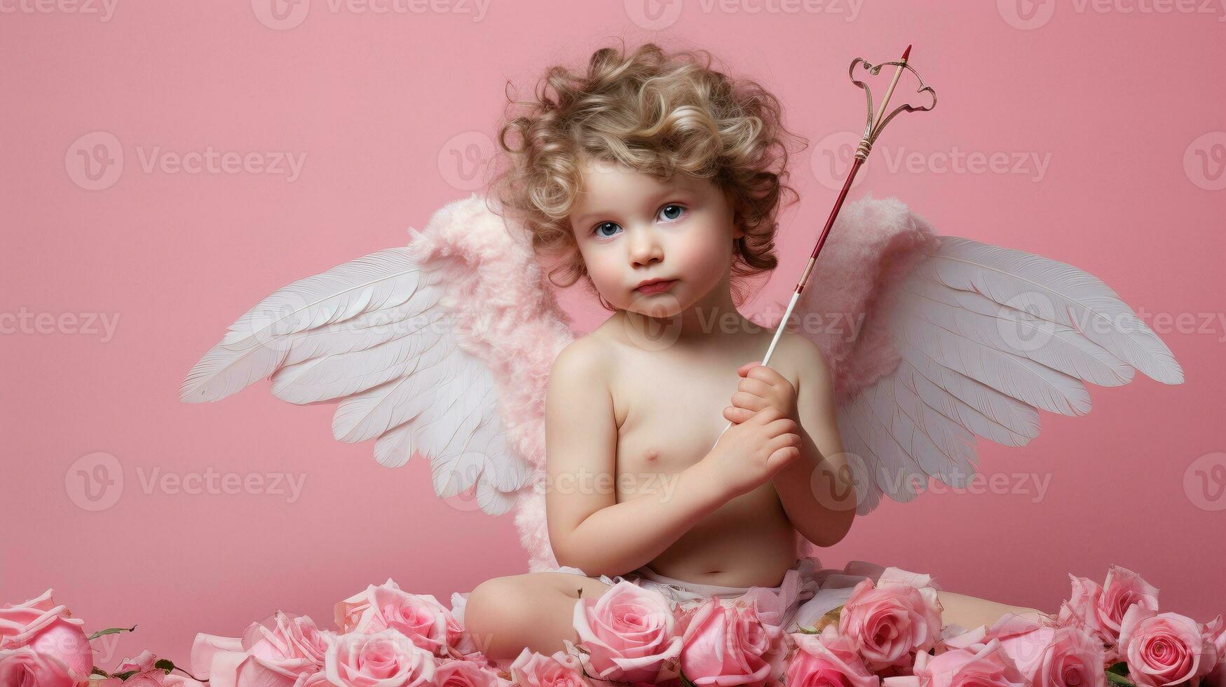 AI generated Little boy cherub sitting on roses pile ai generated background image photo