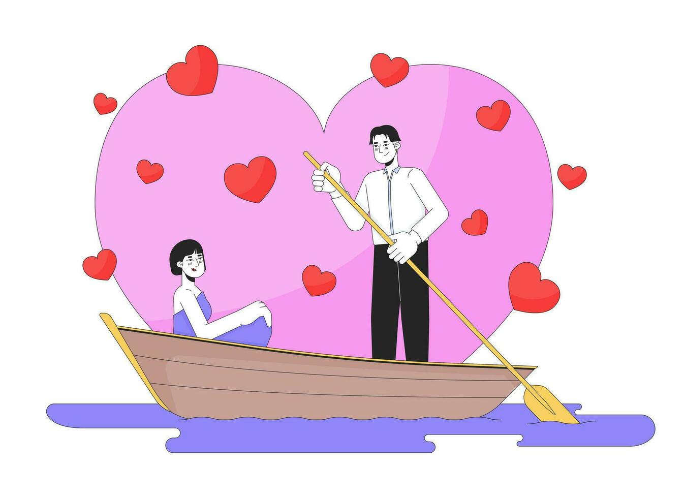 Romantic date night on lake 2D linear illustration concept. Asian young couple sweetheart cartoon characters isolated on white. Gondola paddle metaphor abstract flat vector outline graphic