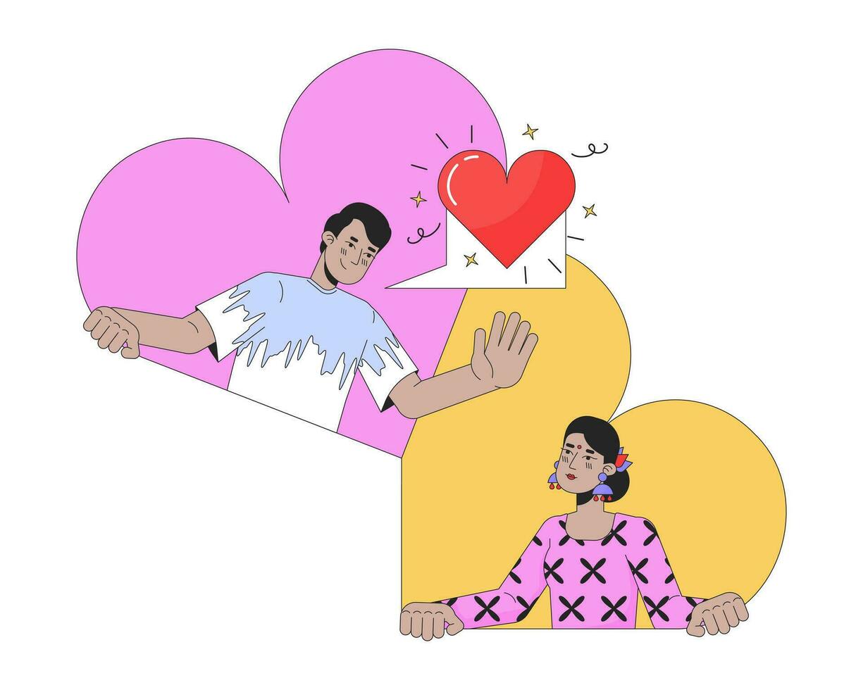 Online dating heterosexual couple 2D linear illustration concept. Indian sweethearts cartoon characters isolated on white. Long distance love hearts metaphor abstract flat vector outline graphic