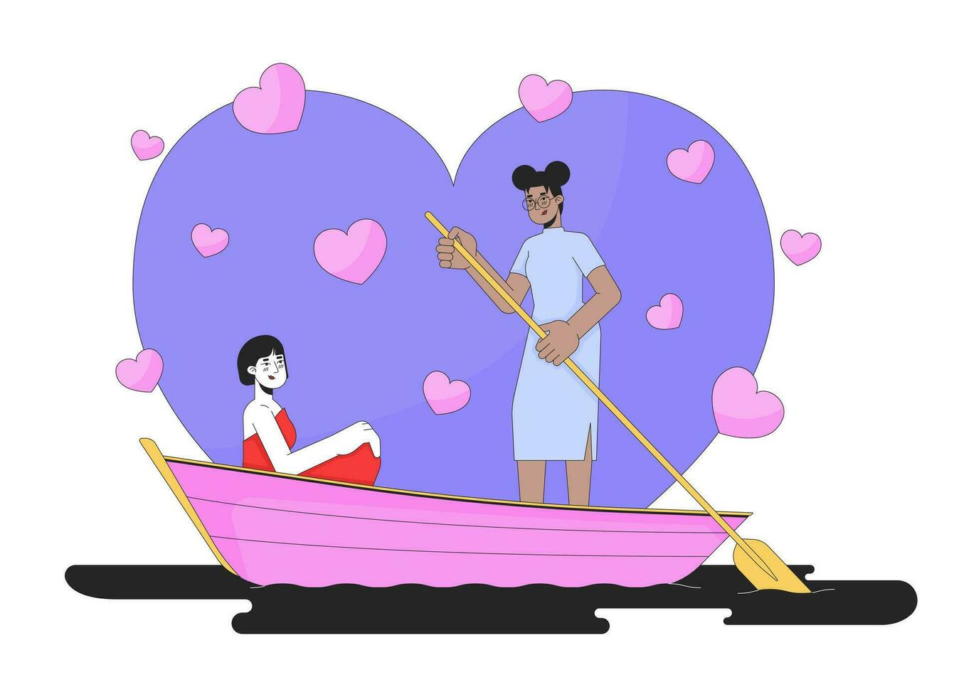 novias en amor remo barco en lago 2d lineal ilustración concepto. interracial Pareja lesbiana amantes dibujos animados caracteres aislado en blanco. romántico metáfora resumen plano vector contorno gráfico