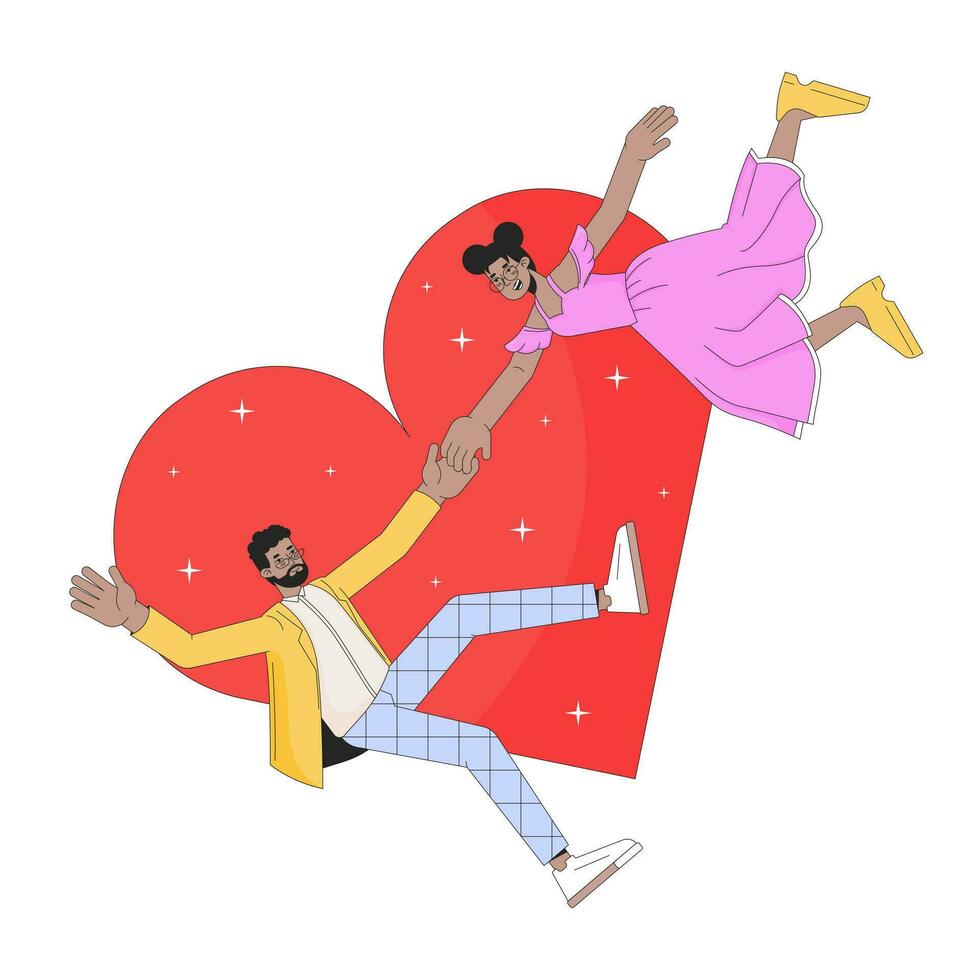 African-american couple love at first sight 2D linear illustration concept. Black girlfriend boyfriend cartoon characters isolated on white. Romance enjoy metaphor abstract flat vector outline graphic