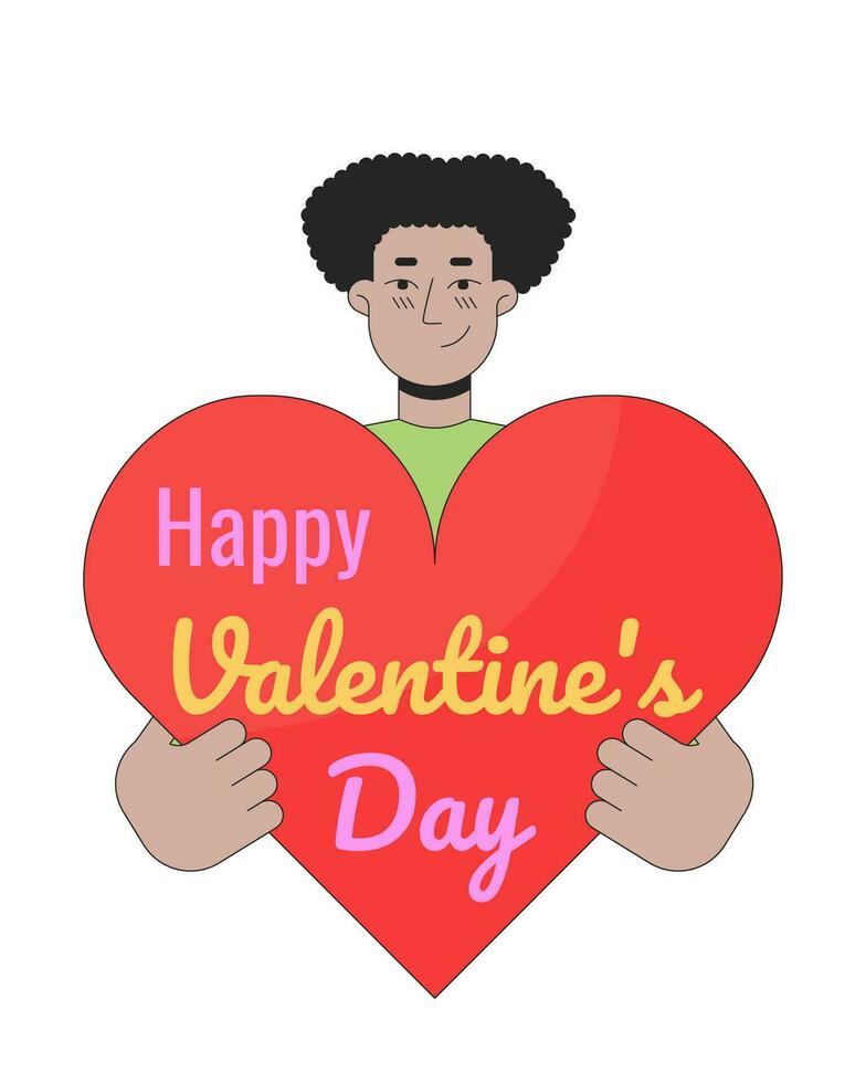 Hispanic man holding valentine day heart 2D linear illustration concept. Male latin american cartoon character isolated on white. 14 february celebration metaphor abstract flat vector outline graphic