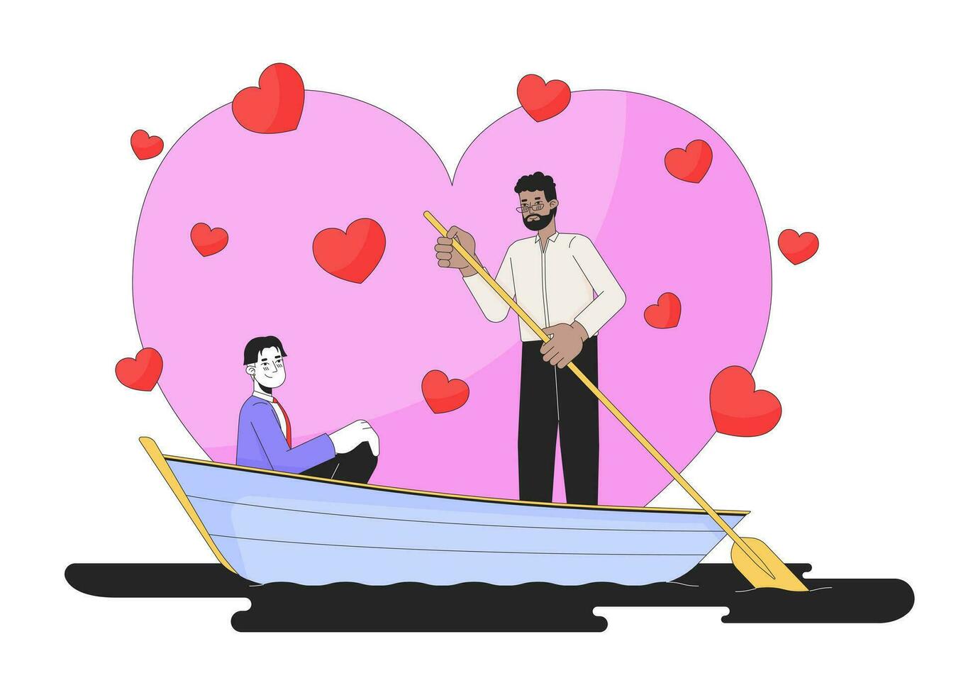 romántico san valentin día novios lago paseo en barco 2d lineal ilustración concepto. gay Pareja interracial dibujos animados caracteres aislado en blanco. en amor metáfora resumen plano vector contorno gráfico