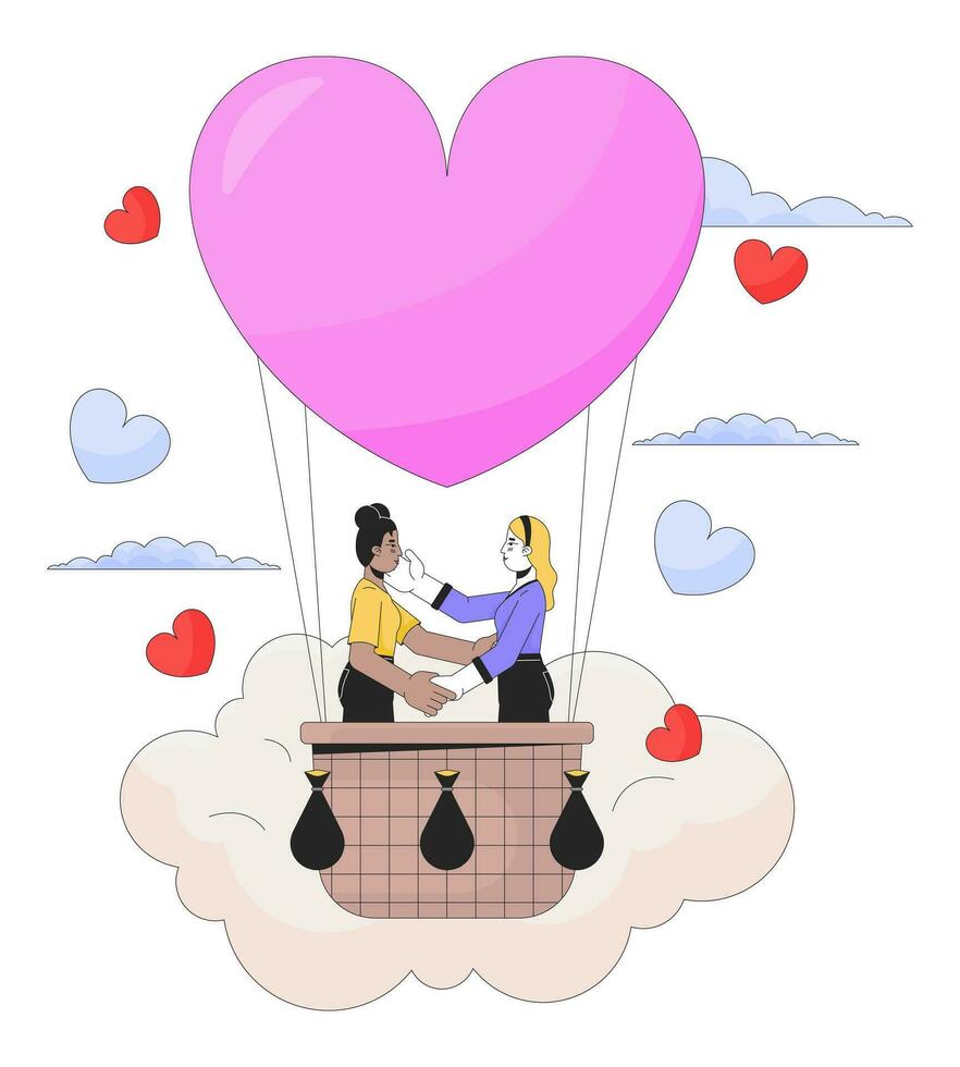 Proposing in hot air ballooning 2D linear illustration concept. Lesbian couple interracial cartoon characters isolated on white. Honeymoon celebration metaphor abstract flat vector outline graphic