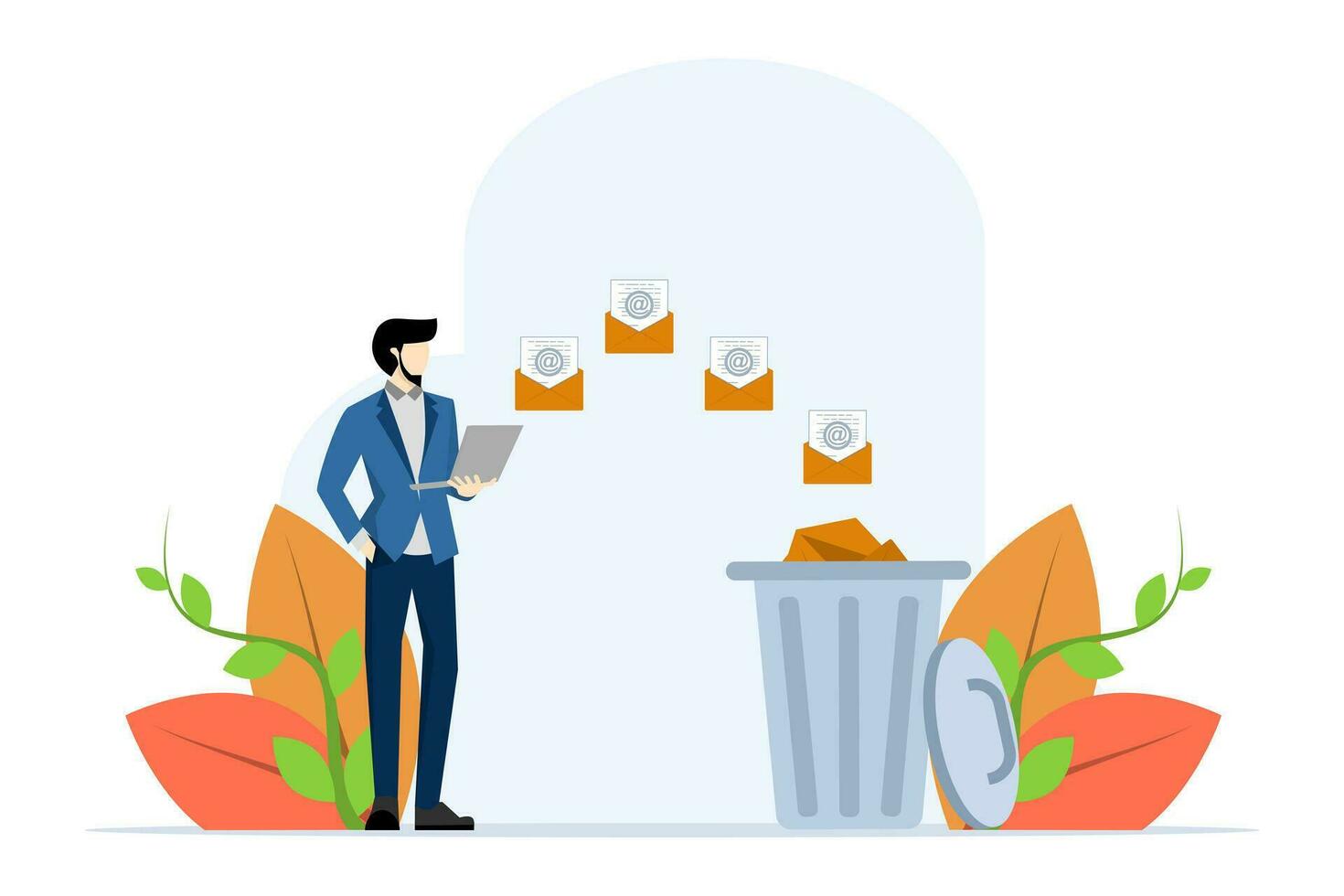 Concept of junk internet messages in mailbox, phishing emails and advertising letters. business character who takes spam emails to the trash. flat vector illustration on white background.