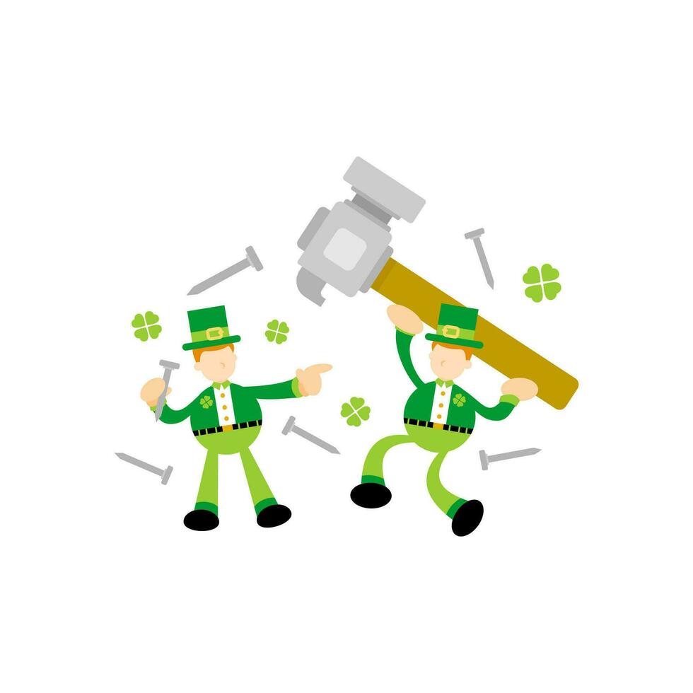 green leprechaun and hammer craft cartoon flat design illustration vector
