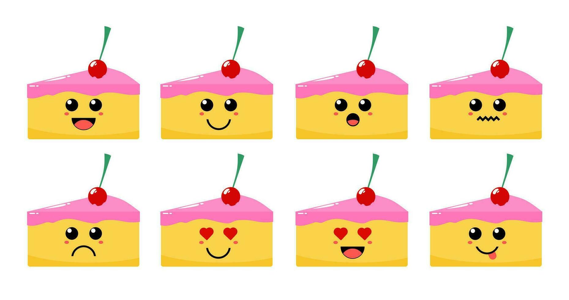 Set of cute cartoon colorful cake with different emotions. Funny emotions character collection for kids. Fantasy characters. Vector illustrations, cartoon flat style.