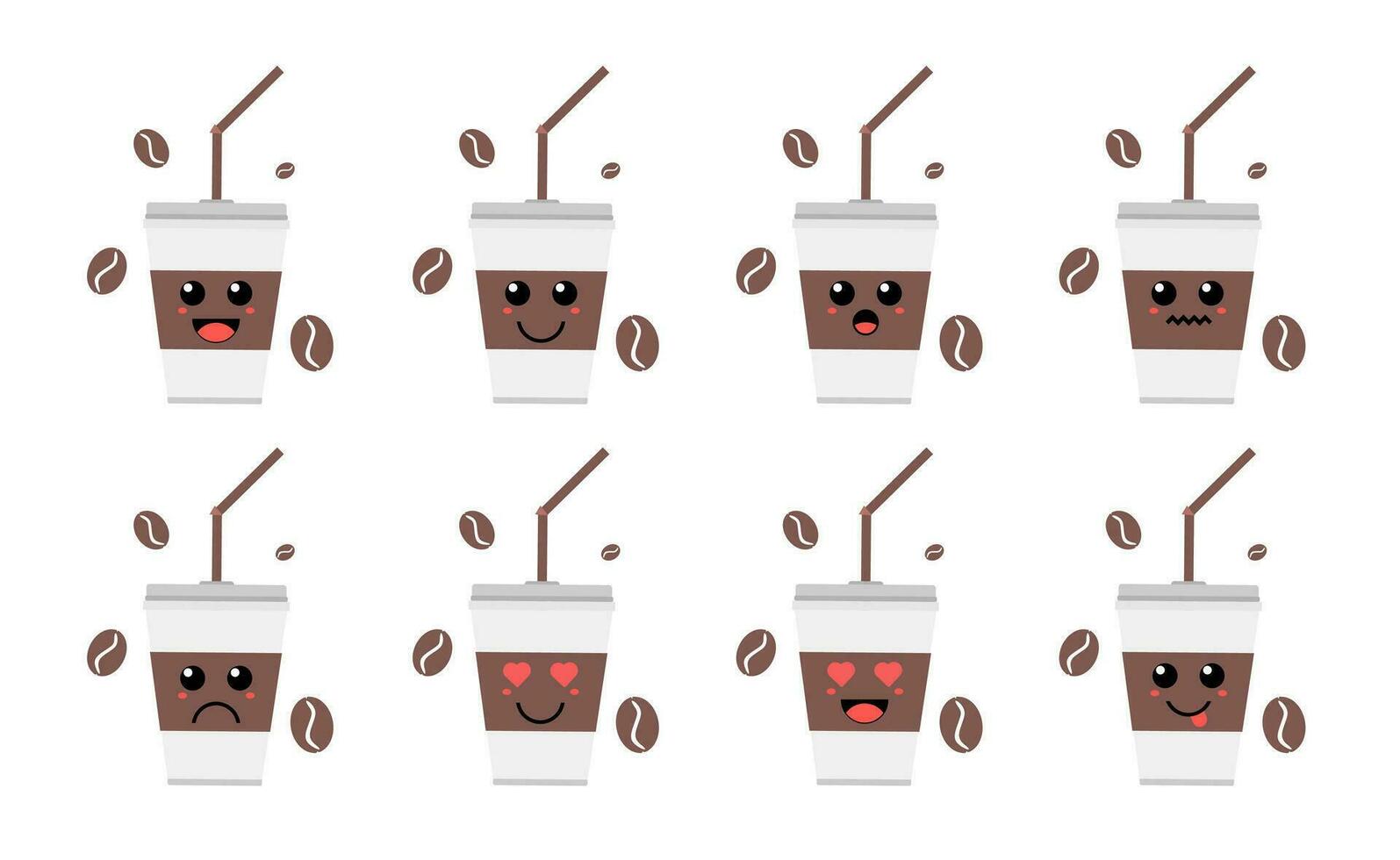 conjunto de linda dibujos animados vistoso café taza con diferente emociones gracioso emociones personaje colección para niños. fantasía caracteres. vector ilustraciones, dibujos animados plano estilo