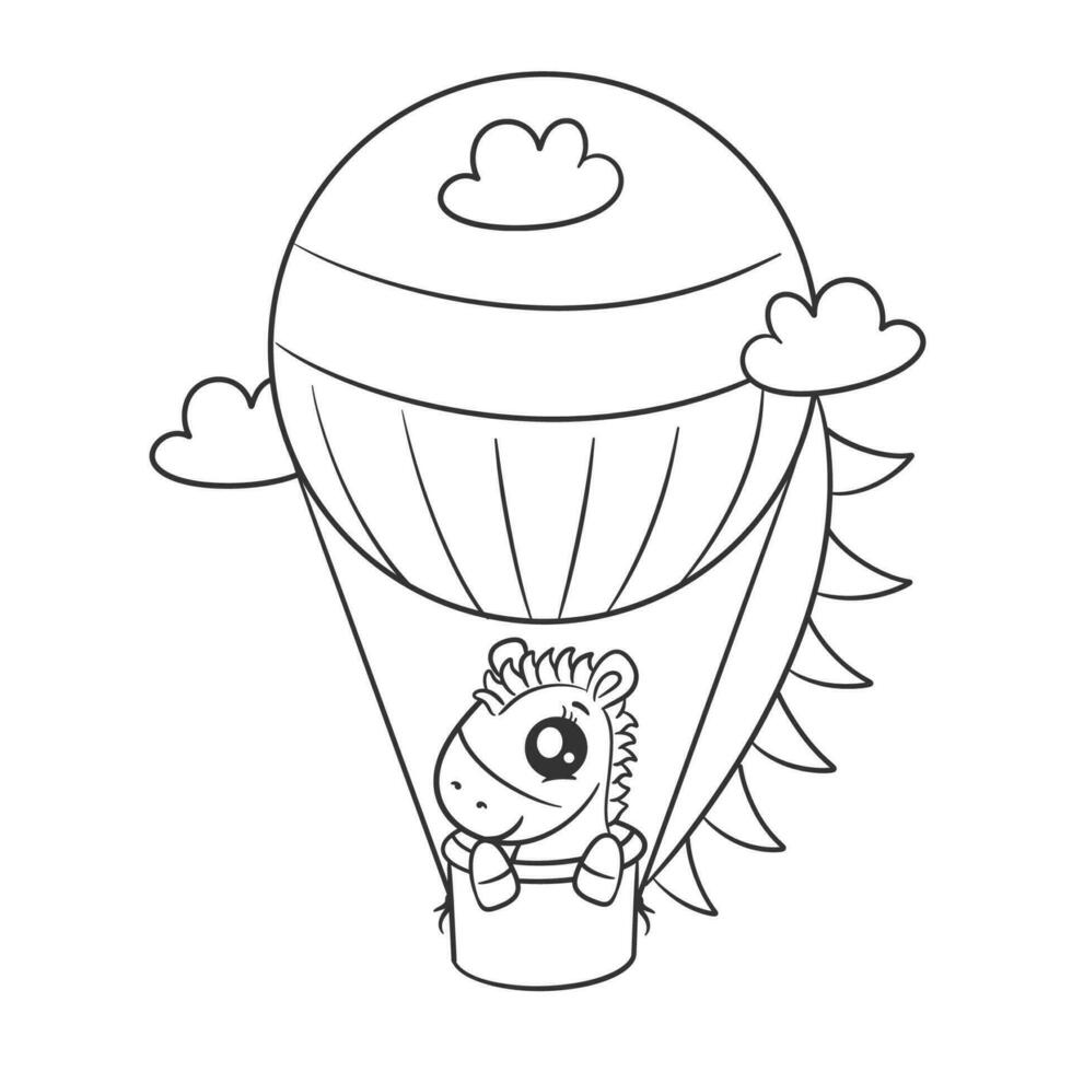 Cute zebra riding a hot air balloon for coloring vector