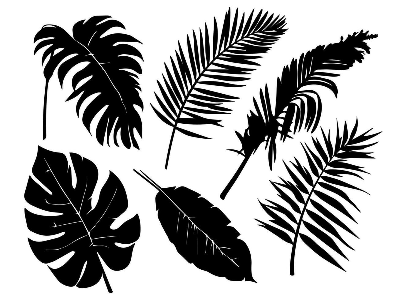 Set of black silhouettes of leaves and flowers. Vector illustration.