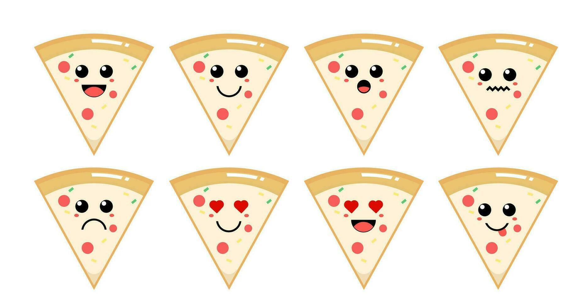 Set of cute cartoon colorful pizza with different emotions. Funny emotions character collection for kids. Fantasy characters. Vector illustrations, cartoon flat style