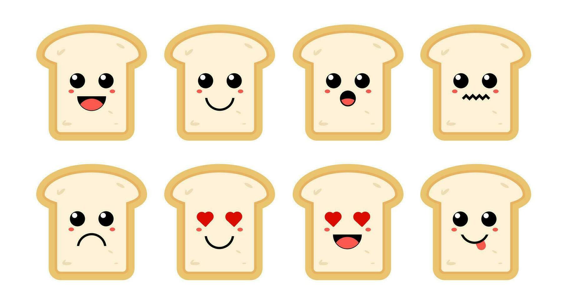 Set of cute cartoon colorful bread with different emotions. Funny emotions character collection for kids. Fantasy characters. Vector illustrations, cartoon flat style
