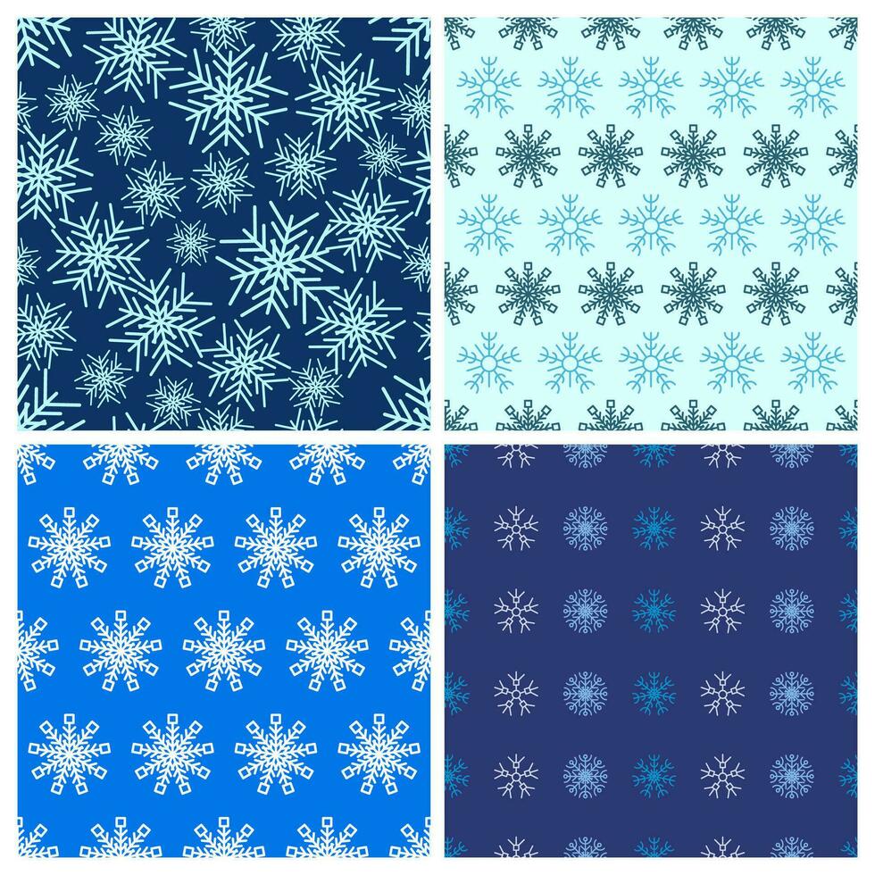 Seamless background with snowflakes. Set of four Christmas and New Year backdrops. Christmas decoration elements. Vector illustration.