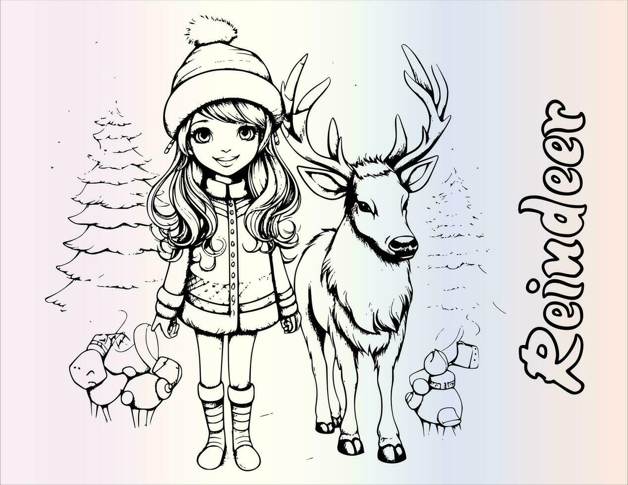 Christmas Girl And Reindeer Coloring Pages Drawing For Kids vector