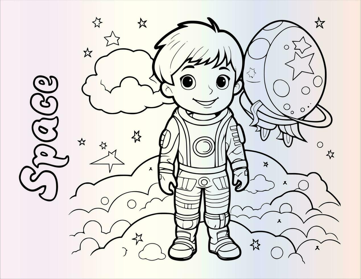 Cute Boy Going to Space Coloring Pages Drawing For Kids vector