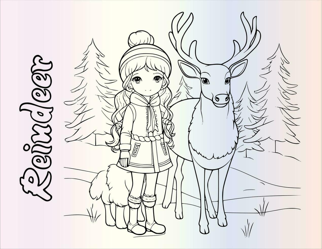 Navidad niña y reno colorante paginas dibujo para niños vector