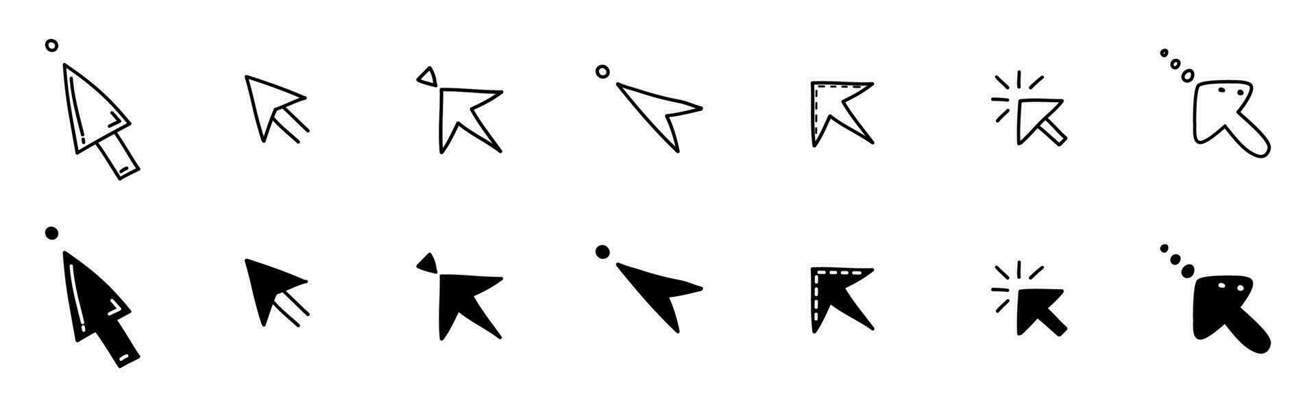 Doodle click icon set. Hand drawn mouse cursor button. Digital arrow pointer for website, computer application. Sketch vector illustration