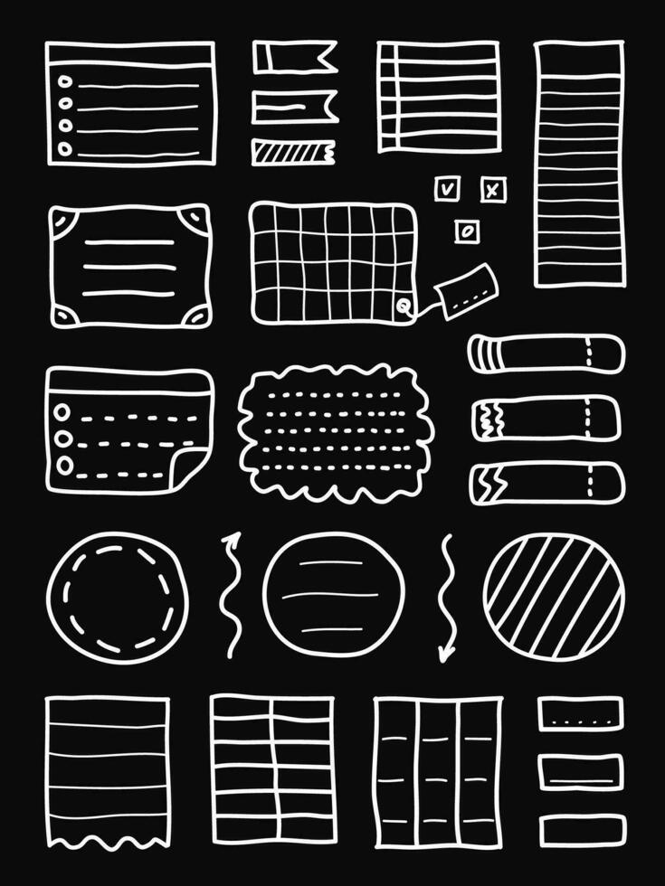 Doodle bullet journal. Hand drawn vector elements for notebook, diary and planner. Banners isolated on black background