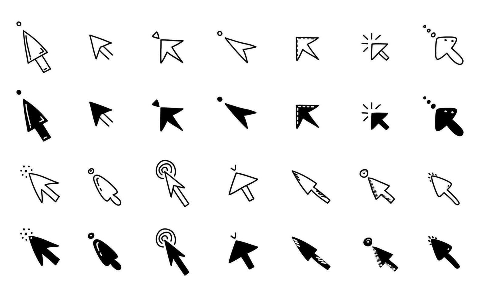 Doodle click icon set. Hand drawn mouse cursor button. Digital arrow pointer for website, computer application. Vector illustration