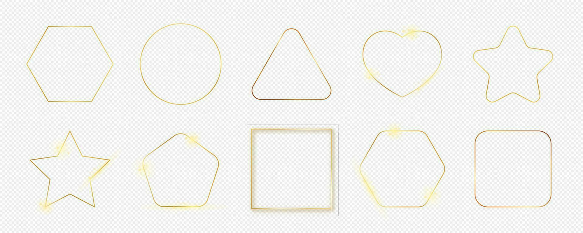 conjunto de diez oro brillante diferente geométrico forma marcos aislado en antecedentes. brillante marco con brillante efectos vector ilustración.