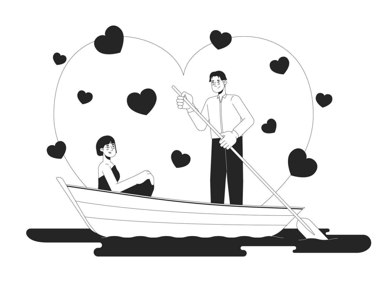 Romantic date night on lake black and white 2D illustration concept. Asian young couple sweetheart cartoon outline characters isolated on white. Gondola paddle metaphor monochrome vector art